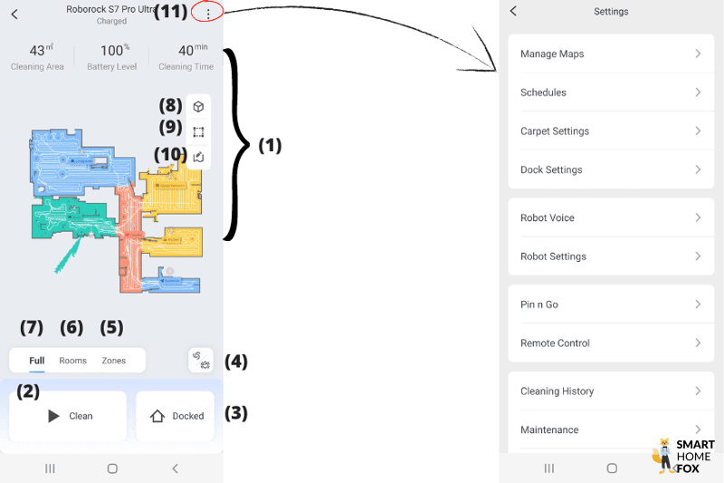 Zahlreiche Funktionen und Einstellungen der Roborock Handy-App sind zu sehen.